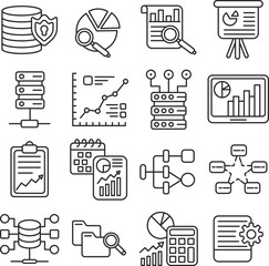 Modern Analytics icon set. Includes of metrics, performance, statistics, graph, chart, trends, and More. Outline icons vector collection