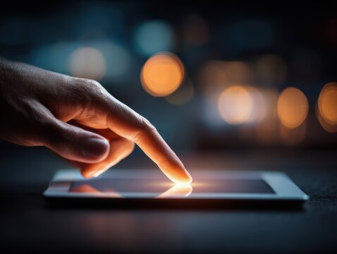 Tech accessibility moment — glowing fingertip touch on tablet interface in low light, highlighting intuitive access, inclusive mobile design, and empowering digital interaction for modern connectivity