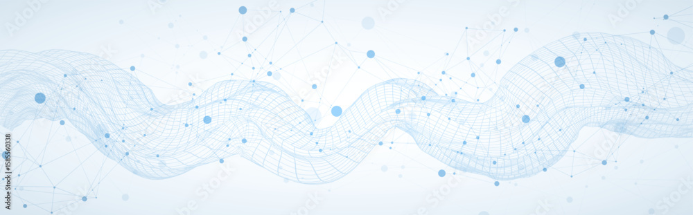 Poster Template for science or technology presentation. Plexus style background with wireframe wave.