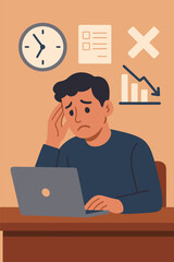 Flat illustration of a worried man sitting at a desk with a laptop