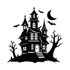 Spooky haunted mansion with bats and crescent moon silhouette