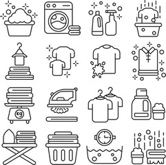 Laundry icon set. Includes of washing, cleaning, detergent, washer, and More. Outline icons vector collection	