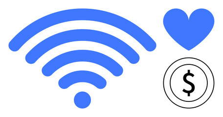 Blue wireless signal icon, blue heart, and black dollar sign in circle highlight connectivity, emotional connection, and cost themes. Ideal for tech, finance, communication, marketing and digital
