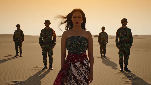 A powerful woman in traditional batik dress stands with a military unit in the desert at sunset