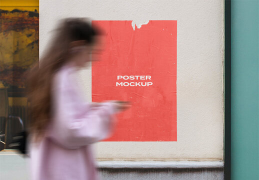 Urban Street Outdoor Glued Poster Advertising Texture Mockup Template on Wall