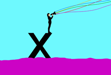 Illustration of a person standing on an X with a megaphone and colorful lines representing communication