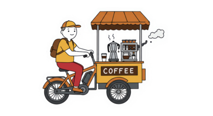 Cartoon Illustration of a Person Riding a Mobile Coffee Bike Cart