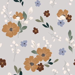Seamless floral pattern, abstract ditsy print in delicate autumn, winter colors. Cute botanical design of hand drawn large, small flowers, falling leaves, light gray background. Vector illustration.