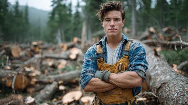 Strong young lumberjack stands proud amidst a forest of fallen trees