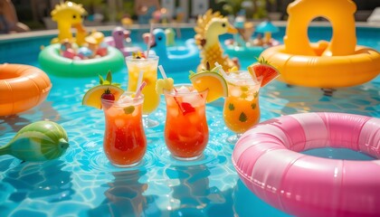 Lively Summer Pool Party with Inflatable Toys and Tropical Drinks &ndash; Vibrant Celebration Scene Full of Sunshine, Fun, Refreshments, and Splashy Vacation Vibes