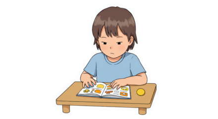 Cartoon Boy Reading Picture Book at Desk