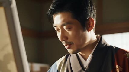 A focused Japanese artist wearing a traditional kimono carefully painting on a canvas in his sunlit studio