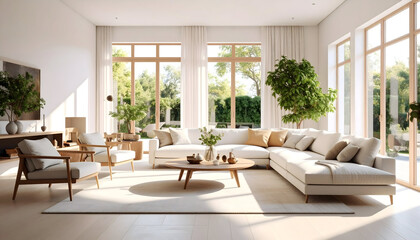 Fototapeta premium Bright Minimalist Living Room Interior with Beige Sofa and Natural Light
