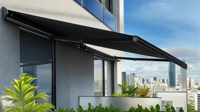 Black awning on a modern apartment building overlooking a cityscape