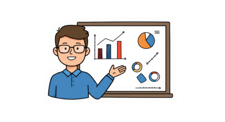 Cartoon Man Presenting Data Charts on Whiteboard