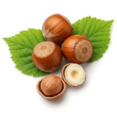 Fresh hazelnuts with green leaves isolated on white background