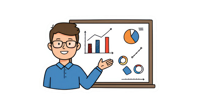 Cartoon Man Presenting Data Charts on Whiteboard - Powered by Adobe