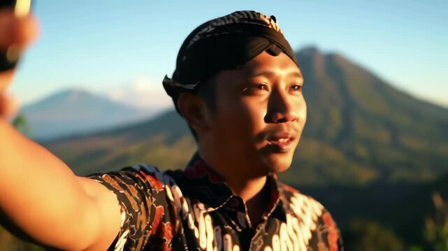 Smiling Asian man in traditional Javanese attire taking a selfie video with a scenic mountain backdrop during golden hour