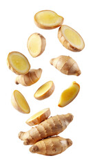 flying ginger and half slices isolated on transparent white background, clipping path