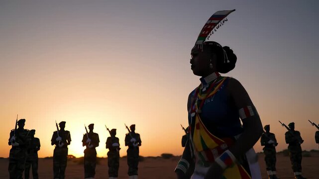 A proud African woman in traditional cultural clothing stands before soldiers in the desert at sunset