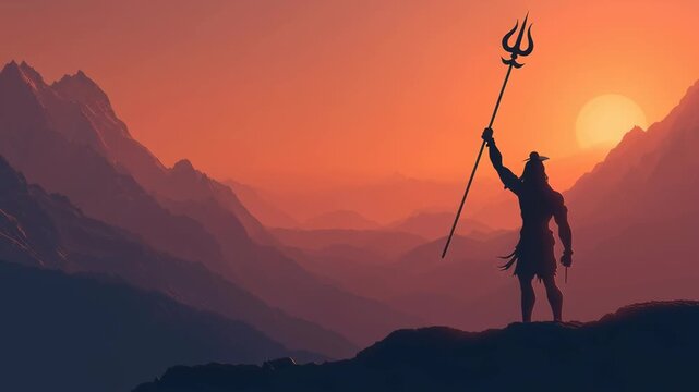Silhouette of Lord Shiva holding a trident on mountain peak at sunset, overlooking vast orange-hued Himalayan landscape.