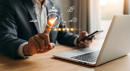 Businessman Using Laptop and Smartphone with Success Icons Overlay