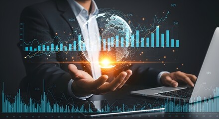 Businessman Holding Glowing Earth with Financial Data Overlay
