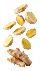 flying ginger and half slices isolated on transparent white background, clipping path