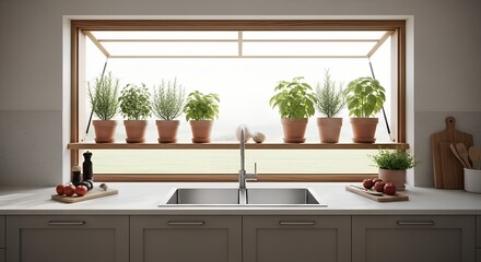 A bright, neo-minimalist kitchen sanctuary featuring an open window herb garden above a sleek double sink and clean countertops, ready for fresh, healthy cooking.