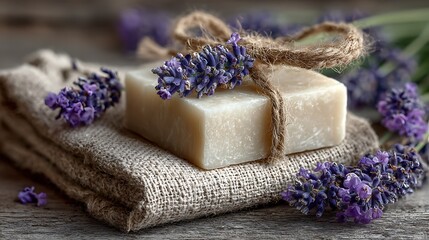 Elegant Square White Soap on Beige Linen with Lavender Display  
