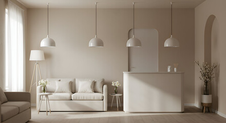 Neutral-toned interior design of a waiting area with a light beige sofa and reception desk. Stylish, minimalist aesthetics with natural light and neutral accents.