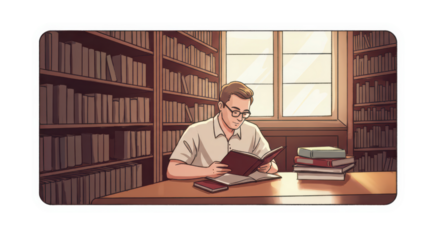Cartoon Illustration of a Man Reading in a Library