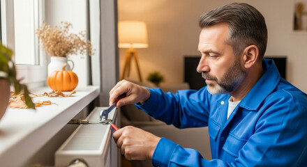 Fototapeta premium Central heating mechanic and technician, repairs home radiators before the heating season, solves seasonal problems