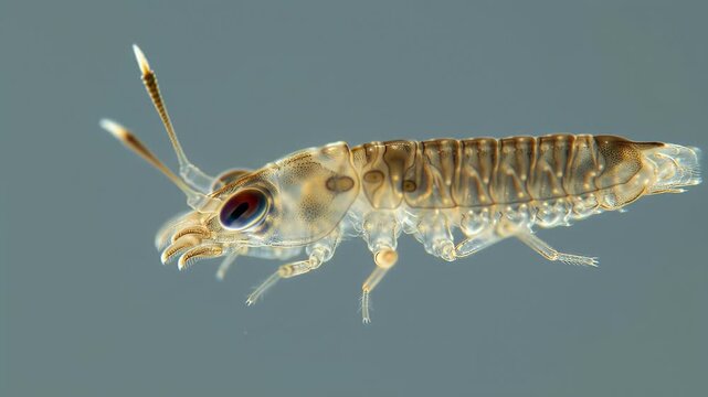 Detailed Macro Shot of a Translucent Micro-Arthropod Specimen, Revealing Intricate Body Structure and Distinctive Red Eyes