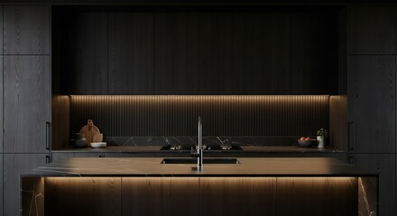 A sleek, high-end contemporary kitchen interior featuring dark oak cabinetry, luxurious black marble countertops, and warm accent lighting, highlighting minimalist design and modern functionality