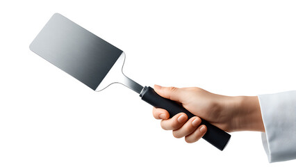 chef hand holding spatula steel on transparent background PNG