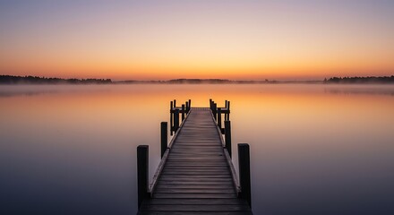 Fototapeta premium Wooden Pier at Lake at Dawn