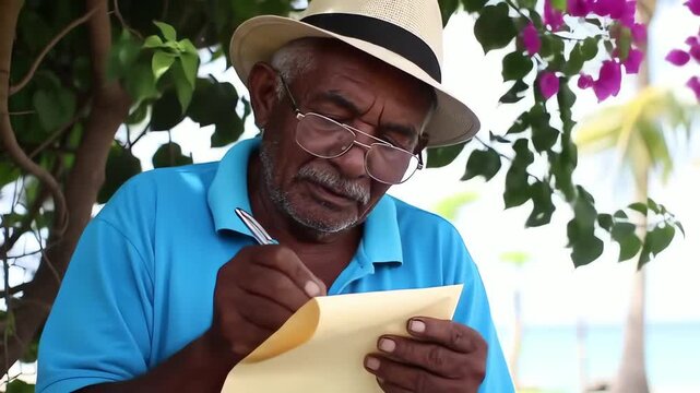 Elderly man with glasses and a hat thoughtfully writing a note in a tropical garden