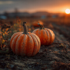 Ripe pumpkins on the ground in a field, illuminated by the white light of the setting sun, creating an autumnal atmosphere.
