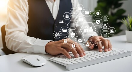 Businessman Typing with Digital Security Icons Overlayed