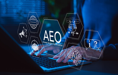 Answer engine optimization (AEO) strategy concept. Person working with AEO (Answer Engine...