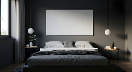 Modern bedroom interior with neutral tones and minimalist design. Empty canvas art piece above a made bed with gray bedding, highlighting a sophisticated and stylish bedroom setting.