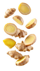 flying ginger and half slices isolated on transparent white background, clipping path