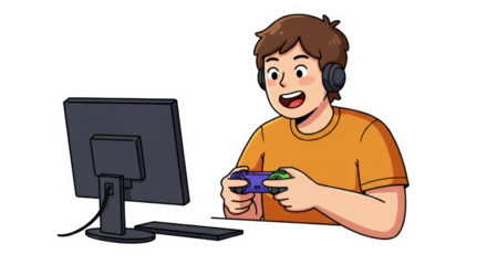Happy Cartoon Gamer Playing PC Games with Controller