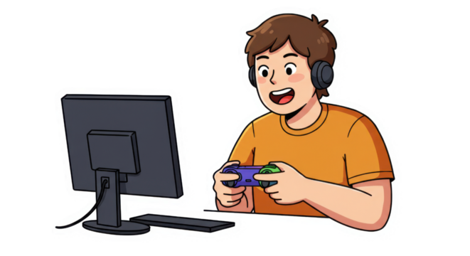 Happy Cartoon Gamer Playing PC Games with Controller