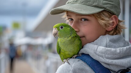 Joyful bond between a boy and his parrot on a lively street