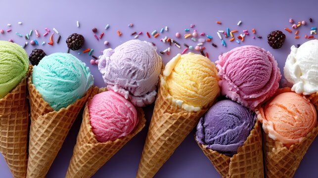 Colorful ice cream cones lined up on a pastel background during a sunny day
