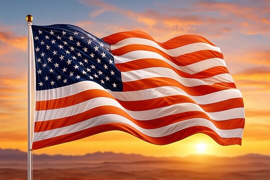 American flag waving at sunset with warm golden sky in the background