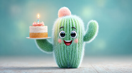 Cactus cartoon, A cartoon cactus celebrating a birthday with a tiny cake.