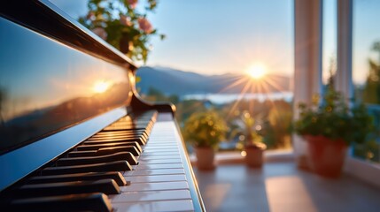 Sunset melodies fill the air as nature meets elegant music in a serene room